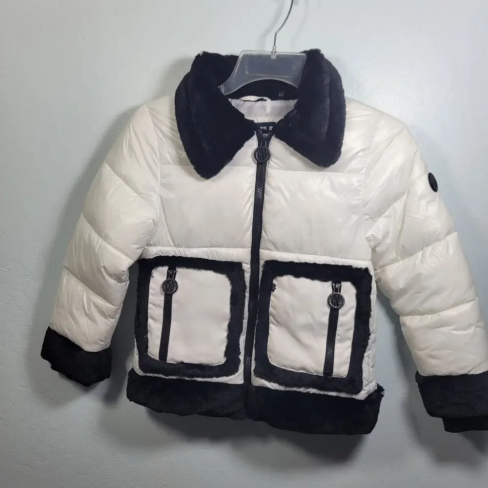 DKNY Girls White Trimmed in Black Faux Fur Puffer Crop Jacket Size 5/6 42026-37
